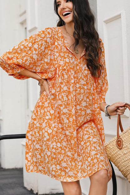 Robe midi femme – Tissu léger – Coupe décontractée – Manches lanterne – Imprimé bohème