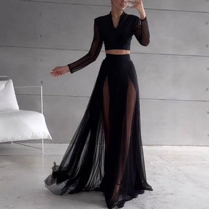 Ensemble Femme – Top Court Manches Longues en Tulle – Jupe Longue Évasée Fendue