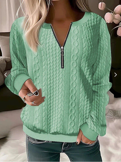 Pull femme – Tricot torsadé – Coupe décontractée – Col zippé ajustable – Laine douce