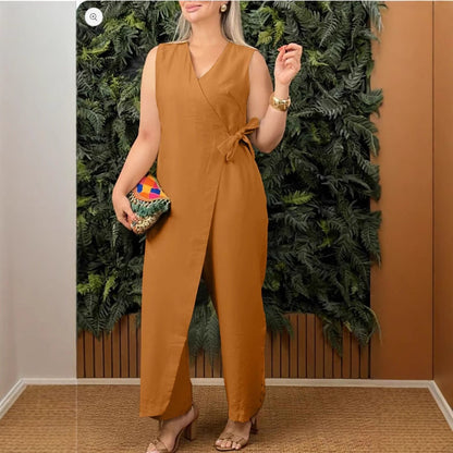 Combinaison femme – Coton – Coupe décontractée – Sans manches – Décolleté cache-cœur