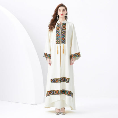 Robe longue femme – Coupe fluide – Détail tissé ethnique avec pampilles
