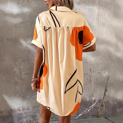 Robe femme – Coupe droite – Manches courtes retroussées – Tissu léger – Imprimé fleuri