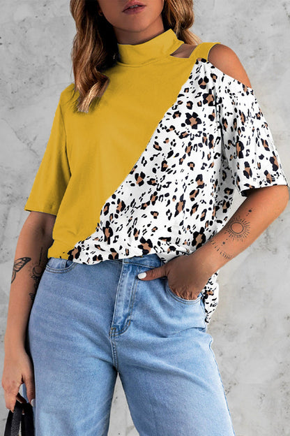 T-shirt femme – Coupe décontractée – Épaule dénudée – Imprimé animalier asymétrique