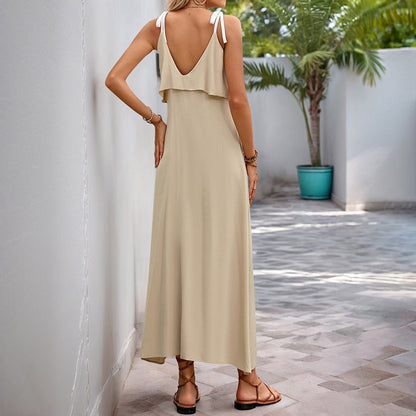 Robe sans manches femme – Coton léger – Coupe ample – Bretelles à nouer – Longueur maxi