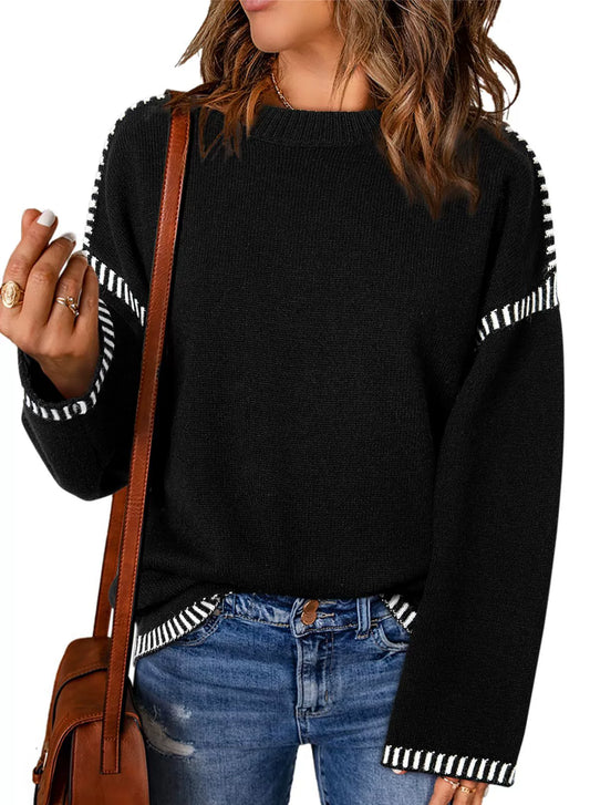 Pull femme – Coupe ample – Maille torsadée – Col rond – Manches longues à rayures