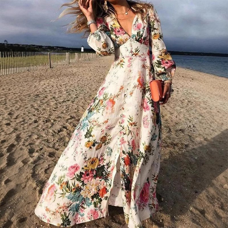 Robe longue femme – Coupe évasée fluide – Décolleté en V – Manches longues – Tissu respirant