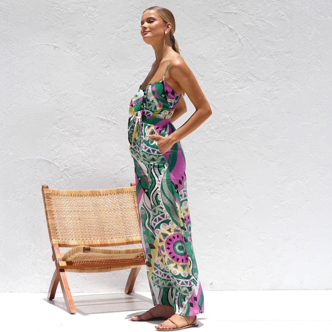 Combinaison femme – Jambes larges – Bretelles fines – Nœud devant – Tissu léger