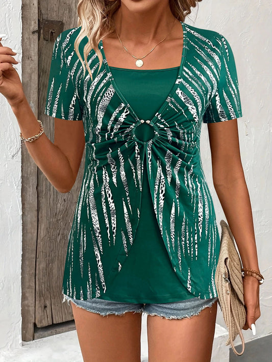 T-shirt femme – Coupe décontractée – Imprimé ethnique – Effet superposé – Détail anneau