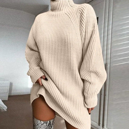 Robe Pull Femme – Coupe Oversize – Maille Côtelée – Col Cheminée – Manches Raglan