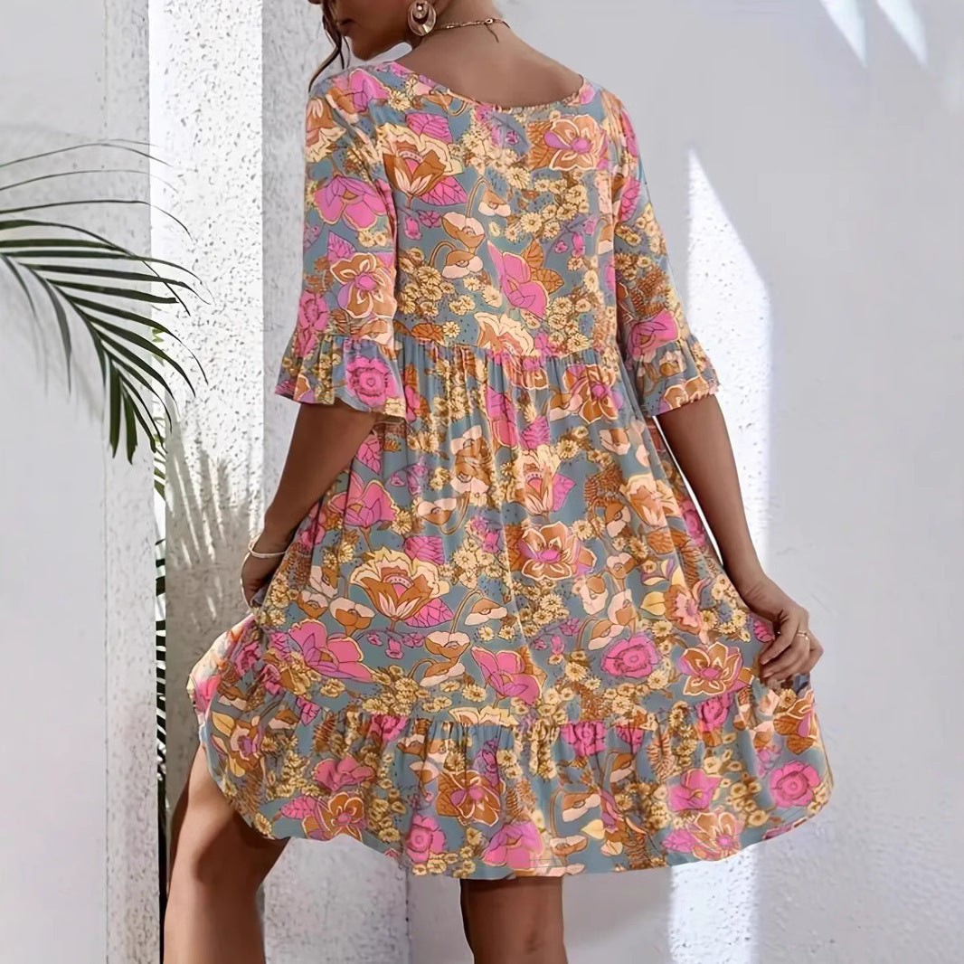 Robe femme fluide – Coton – Imprimé fleuri – Manches 3/4 à volants – Col V