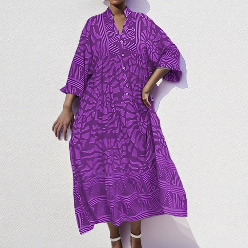 Robe midi femme – Coupe ample – Tissu léger – Imprimé – Manches retroussables