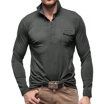 Chemise Henley homme – Manches longues – Coton – Col droit – Coupe régulière – Poche poitrine