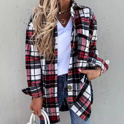 Veste femme à carreaux – Coupe oversize – Tissu effet laine – Longueur mi-cuisse