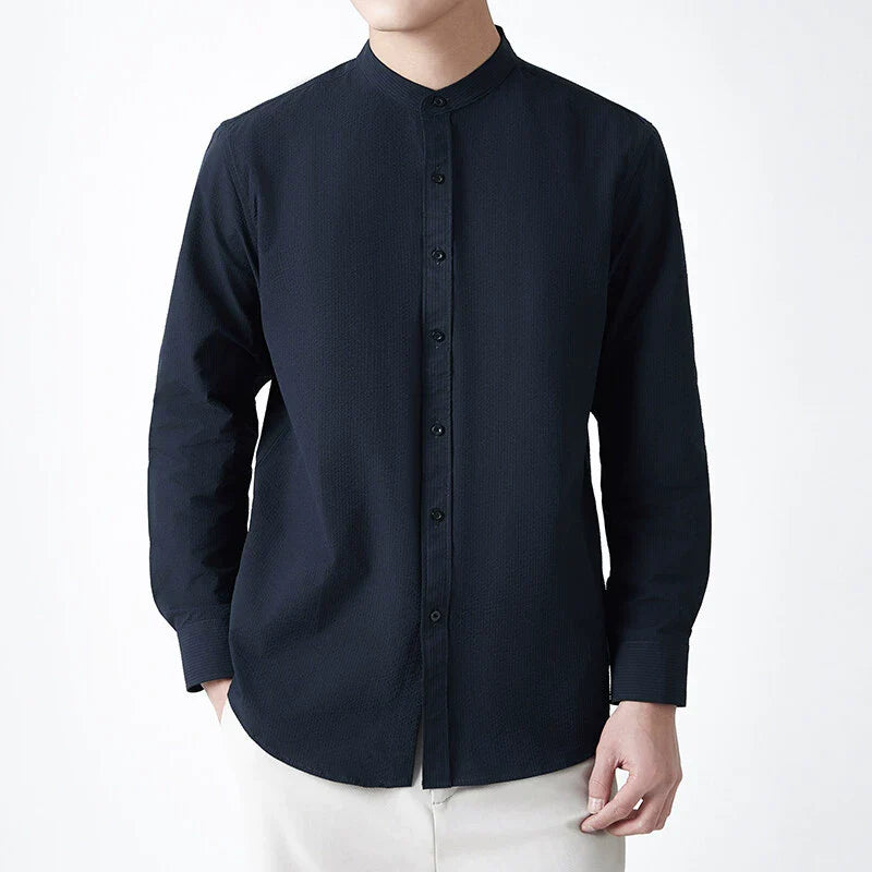 Homme Chemise - Tissu Tissé Texturé - Col Montant - Manches Trois-Quarts