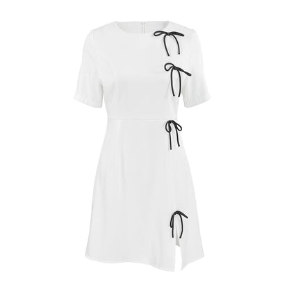 Robe Trapèze Femme - Manches Courtes - Détail Nœud - Fente Élégante