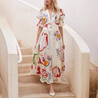 Robe longue femme – Fibres naturelles – Coupe fluide – Manches ballon – Imprimé abstrait