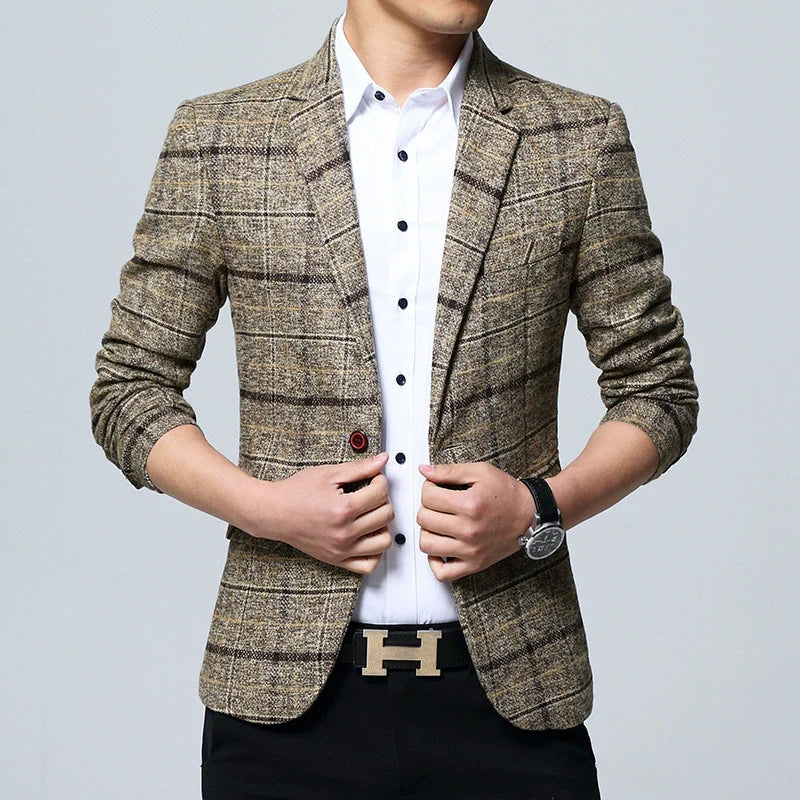 Blazer homme – Coupe moderne – Laine mélangée – Motif à grands carreaux – Col cranté