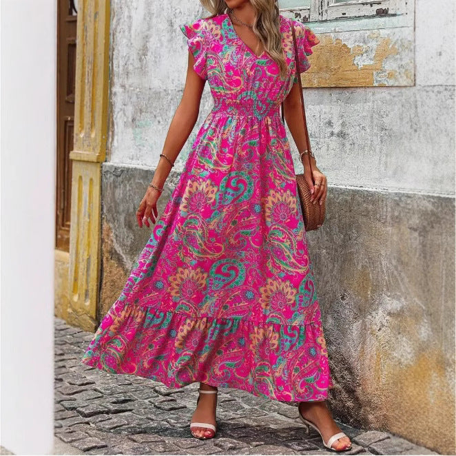 Robe longue sans manches femme – Imprimé fleuri – Col en V – Taille élastiquée – Coupe fluide