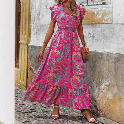 Robe longue sans manches femme – Imprimé fleuri – Col en V – Taille élastiquée – Coupe fluide
