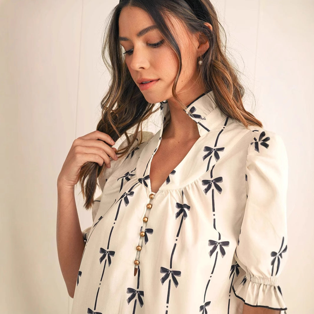 Robe femme évasée – Fibres naturelles – Manches bouffantes – Motif nœuds – Coupe au-dessus du genou