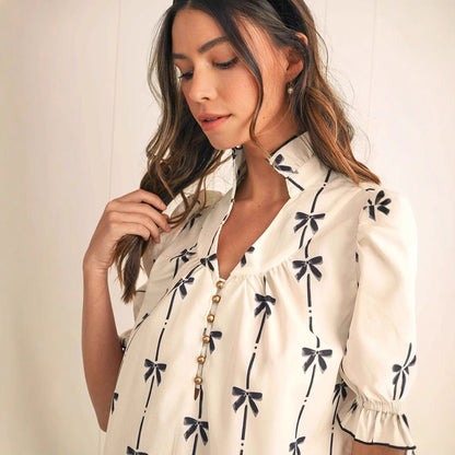 Robe femme évasée – Fibres naturelles – Manches bouffantes – Motif nœuds – Coupe au-dessus du genou