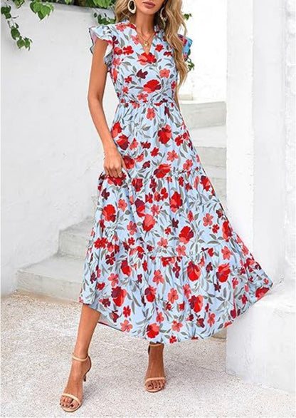Robe mi-longue femme – Décolleté en V – Manches volantées – Coupe fluide – Tissu respirant – Motif imprimé