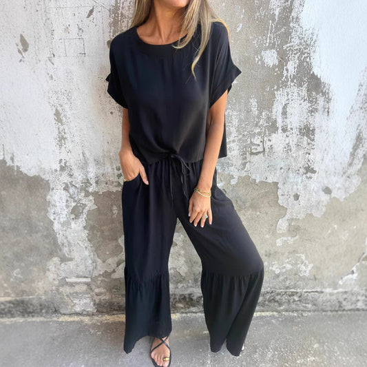 Ensemble Femme Deux Pièces – Lin Coton – Coupe Ample – Pantalon Large – Manches Courtes