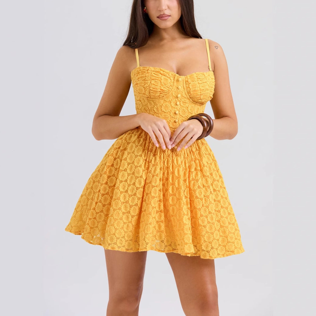 Robe femme courte – Jacquard texturé – Coupe évasée – Bustier structuré – Bretelles fines