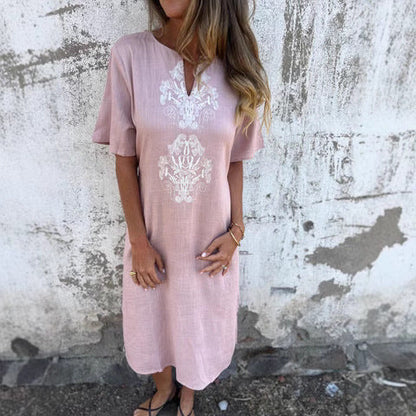 Robe midi femme – Fibres naturelles – Coupe ample – Manches courtes – Broderie devant