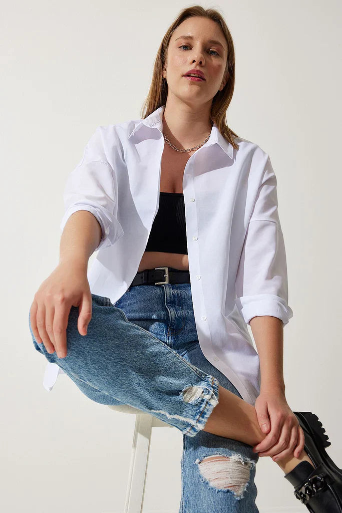 Blouse femme oversize – Coton doux – Manches longues – Boutonnée – Col classique