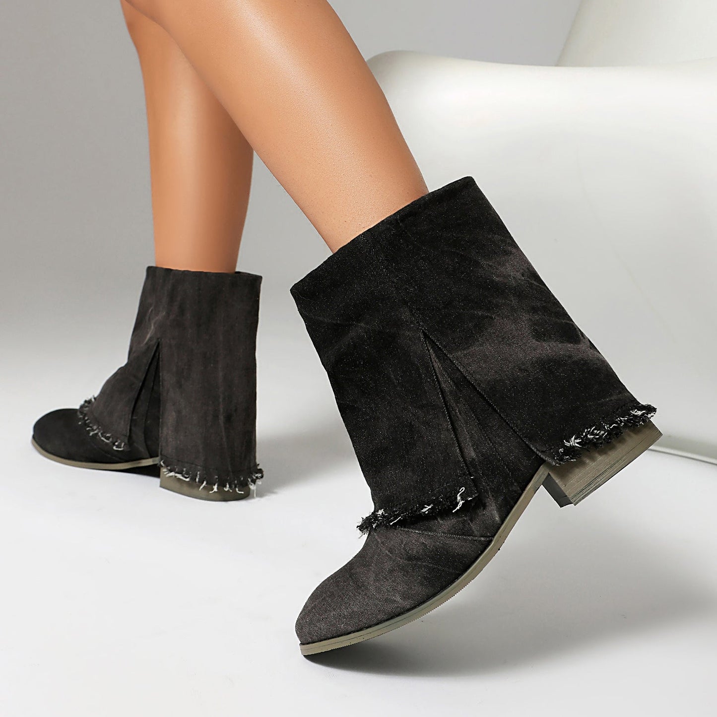 Bottines femme – Coupe décontractée – Talon plat – Tissu effet denim usé – Enfilage facile