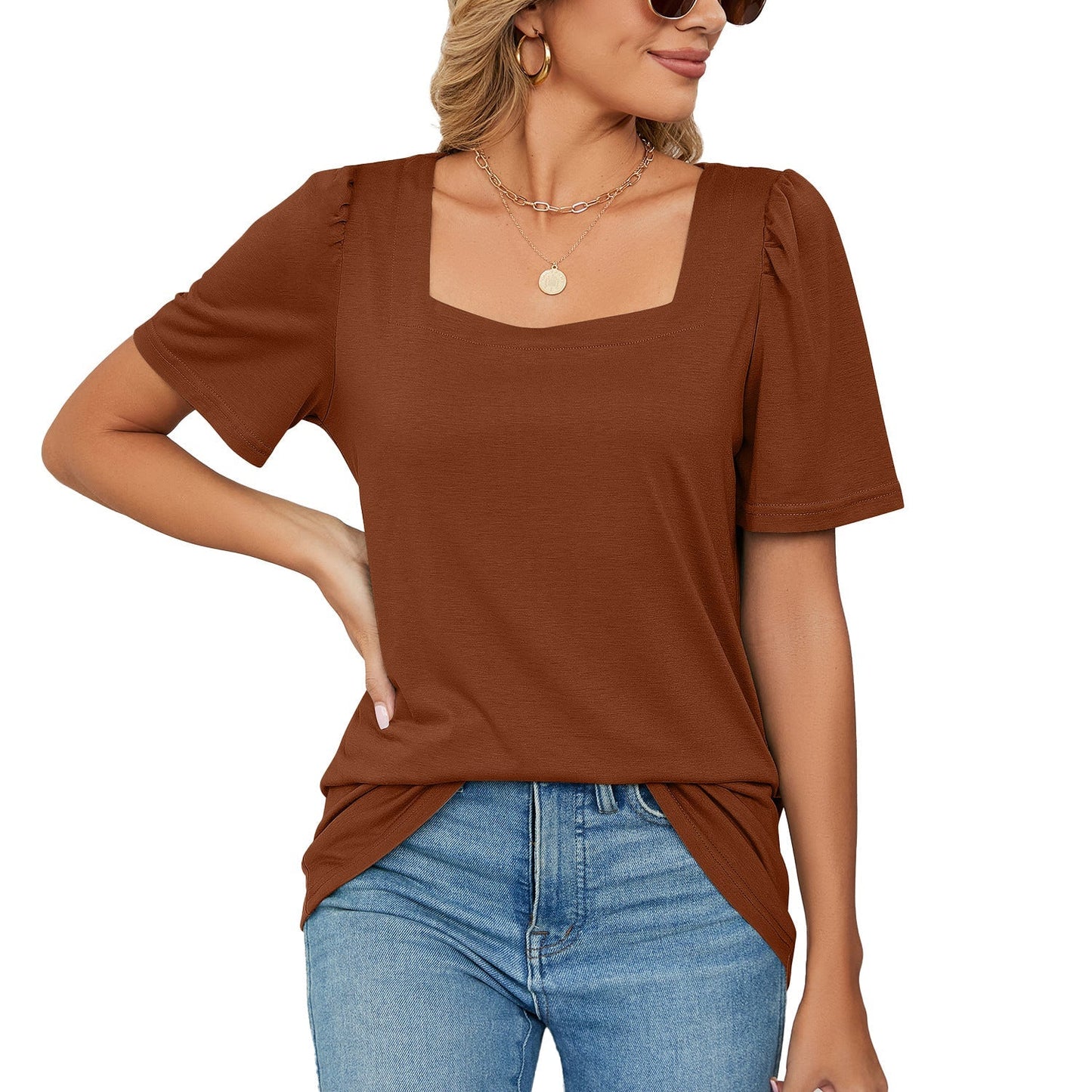 T-shirt femme – Encolure carrée élégante – Manches bouffantes – Maille douce coupe ample
