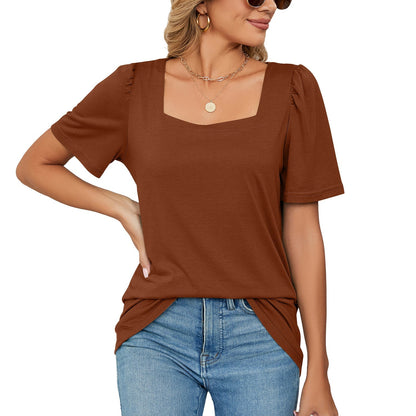 T-shirt femme – Encolure carrée élégante – Manches bouffantes – Maille douce coupe ample