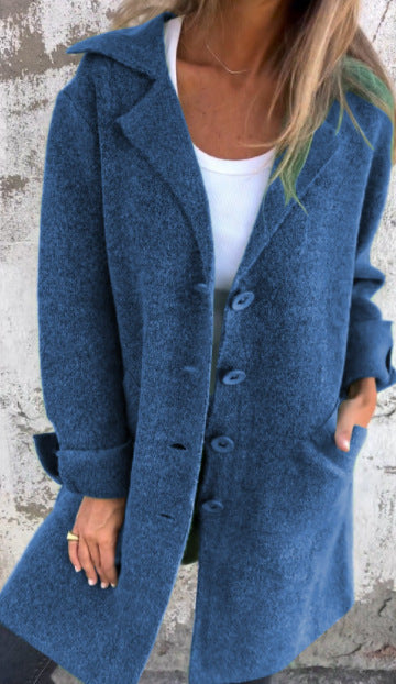 Manteau mi-long femme – Coupe décontractée – Effet laine – Col à revers – Boutonnage simple