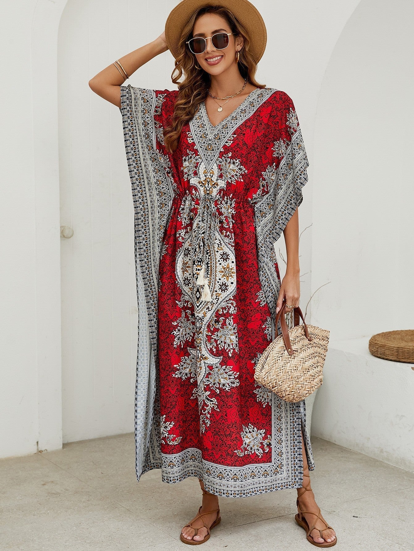Robe longue femme – Tissu léger respirant – Manches larges – Motif orné – Décolleté V