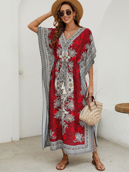 Robe longue femme – Tissu léger respirant – Manches larges – Motif orné – Décolleté V
