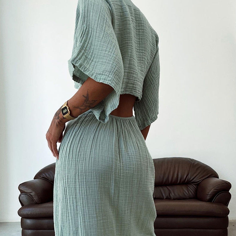 Robe longue femme – Coupe slim – Décolleté V – Dos nu – Découpes à la taille – Manches courtes