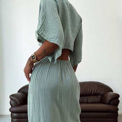 Robe longue femme – Coupe slim – Décolleté V – Dos nu – Découpes à la taille – Manches courtes