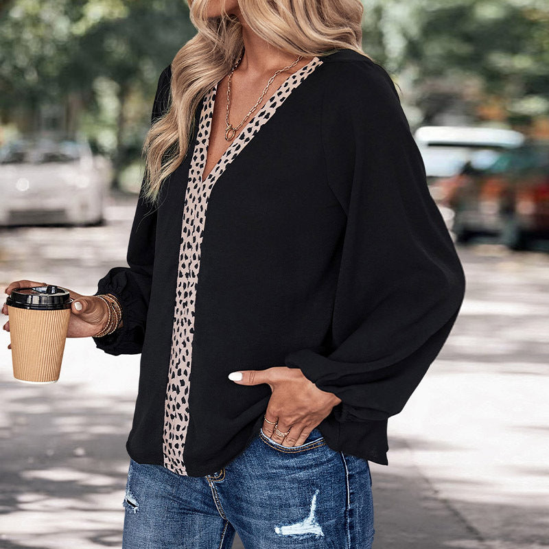 Blouse femme – Coupe décontractée – Col V – Manches bouffantes – Détail léopard