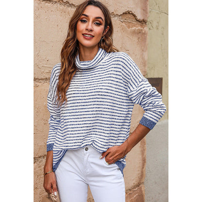 Women’s Turtleneck Knitwear – Relaxed Fit – Wool Blend – Striped – Ribbed Hem & Cuffs