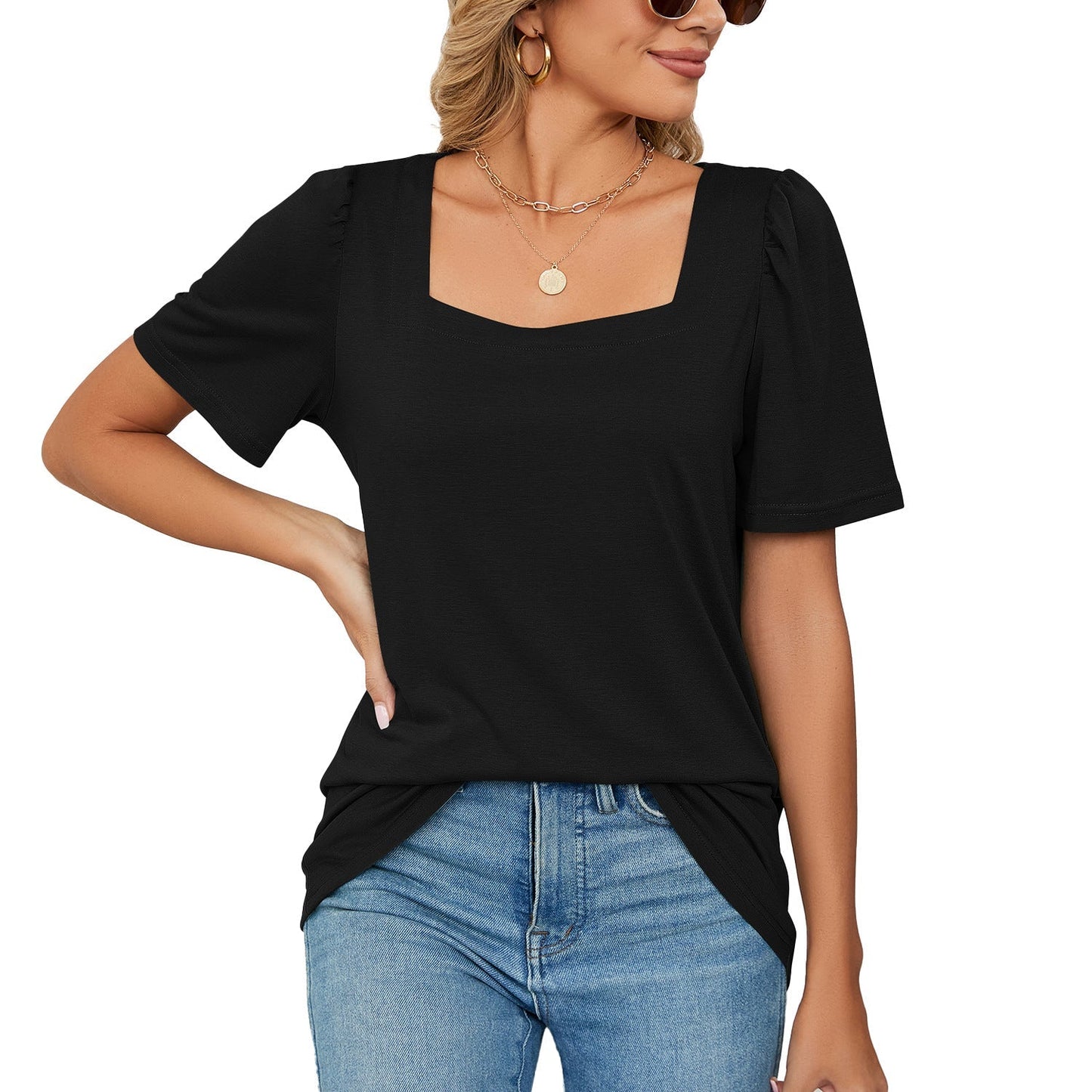 T-shirt femme – Encolure carrée élégante – Manches bouffantes – Maille douce coupe ample