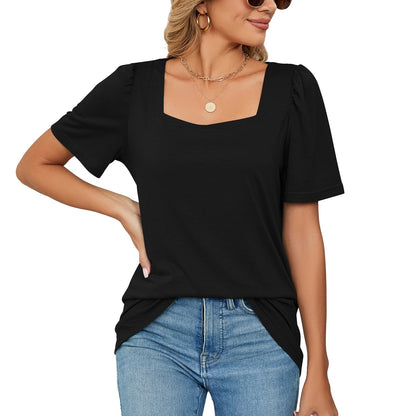 T-shirt femme – Encolure carrée élégante – Manches bouffantes – Maille douce coupe ample