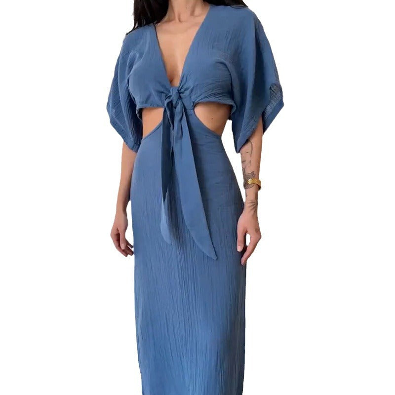 Robe longue femme – Coupe slim – Décolleté V – Dos nu – Découpes à la taille – Manches courtes