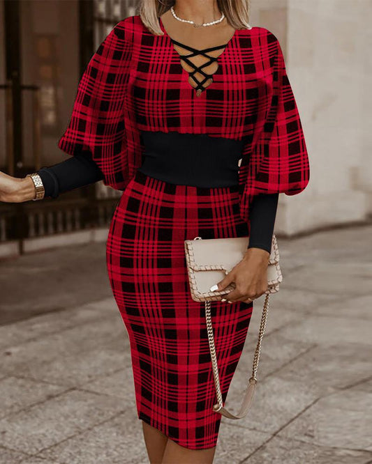 Robe moulante femme – Motif à carreaux – Manches longues – Col en V croisé – Taille cintrée