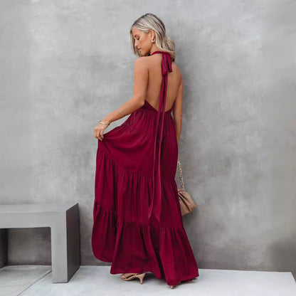Robe longue femme – Col halter – Taille cintrée – Tissu fluide et respirant