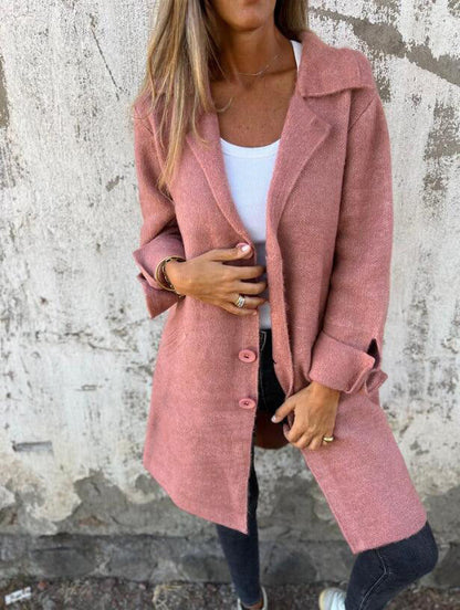 Manteau mi-long femme – Coupe décontractée – Effet laine – Col à revers – Boutonnage simple