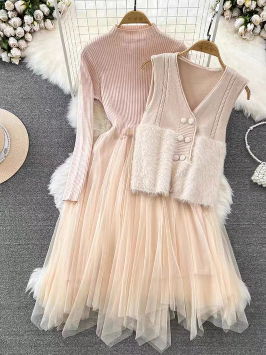 Robe Midi Femme Deux Pièces – Haut Côtelé – Jupe Évasée en Tulle – Gilet Sans Manches