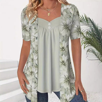 Top femme manches courtes – Coupe ample – Encolure cœur – Imprimé floral – Effet superposé