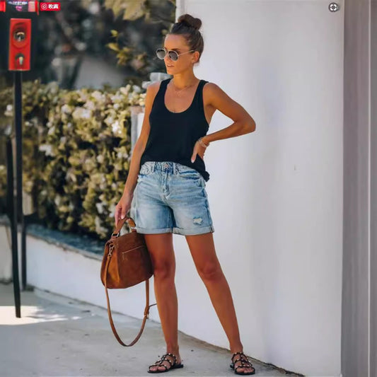 Short en jean femme – Coupe décontractée – Taille mi-haute – Finition effilée