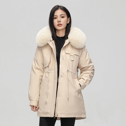 Veste parka femme – Coupe oversize – Capuche fausse fourrure – Taille ajustable